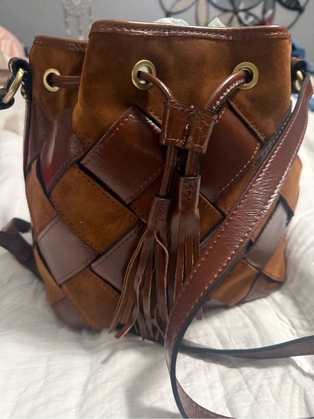 Patricia Nash Brown Woven Leather Tassel Drawstring Crossbody